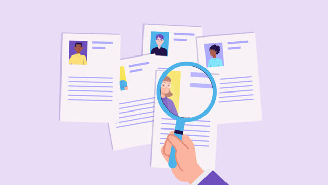 Animation of curriculum vitae papers with photo, magnifying glass. Hiring concept, new employees, recruitment. Choose best job candidates, resume. Human resource management. Cartoon style video