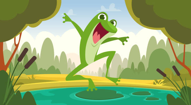 froschspringen. glücklicher tierischer frosch im teich. vektor-cartoon-hintergrund - leapfrog stock-grafiken, -clipart, -cartoons und -symbole