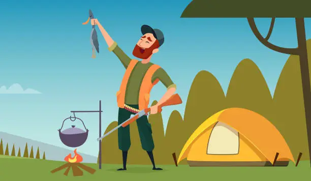 Vector illustration of Hunter outdoor. Camping in wood cartoon illustration