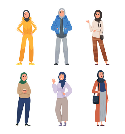 Arabic woman. Female east characters standing in casual style clothes muslim hijab arab people exact vector cartoon persons. Arab muslim and arabic clothes illustration