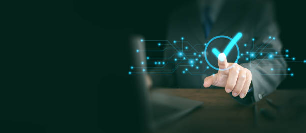 istock Service guarantee concept. Quality assurance and certification management. Business digital process automation validation. Businessman touching a correct mark on virtual screen. 1847264334