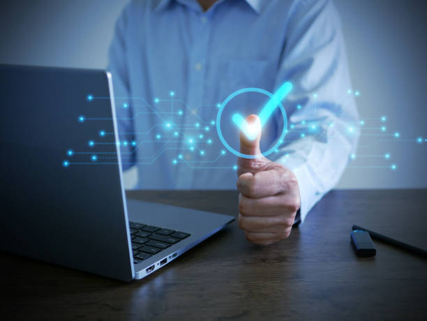 istock Service guarantee concept. Quality assurance and certification management. Business digital process automation validation. Businessman thumbs up with a correct mark on virtual screen. 1847264338