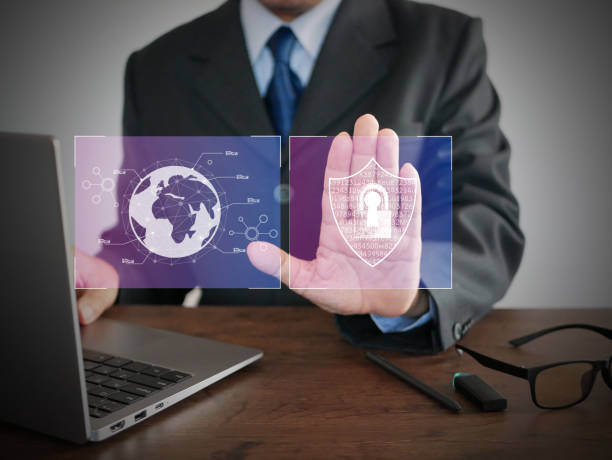 istock Cyber security concept. Online or internet protection. A hand touches secured access for data of users or customers. Digital firewall for personal data or information protection and encryption 1847264340