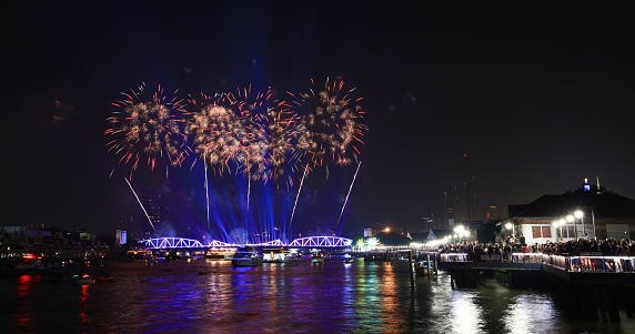 firework show over the old steel bride ,Phra Phuttha Yodfa Bridge at Bangkok, Thailand Theme Vijit ChaoPhraya2023 Bangkok Thailand