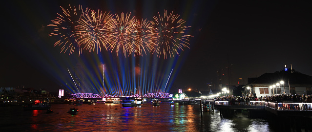 firework show over the old steel bride ,Phra Phuttha Yodfa Bridge at Bangkok, Thailand Theme Vijit ChaoPhraya2023 Bangkok Thailand