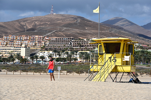 Jandia, Fuerteventura, Spain, November 27, 2023 - Lifeguard tower on the beach of Jandia / Matorral Beach, Fuerteventura, Spain.