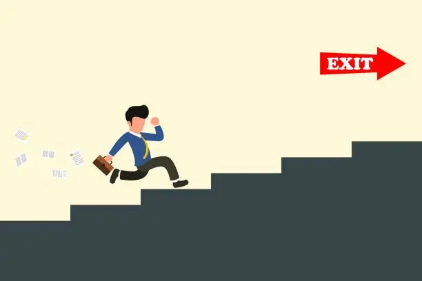 Vector illustration of Businessman running up the stairs to the exit. The concept of human resources resignation. Deciding to go in a better direction. Vector illustration