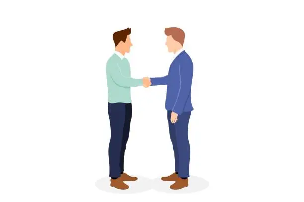Vector illustration of Business partners join hands to reach of success. Businessman handshake. Contact between business partners. Business Concept. Vector illustration