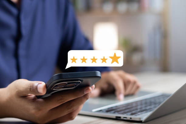 istock Online customer satisfaction Survey service concept, client rate service from experience in application,Consumer give five-Stars and feedback review for quality, Business reputation ranking from buyer 1847298576