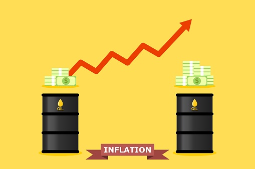 The same oil, but the price has risen due to the financial crisis or inflation that has made commodities too high. Concept of higher-priced products. Vector illustration