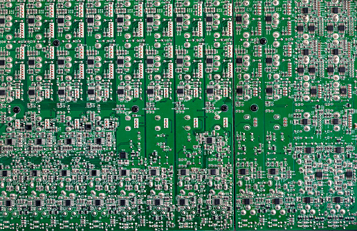 Details of audio mixer circuit board, Green printed circuit board of electronics - PCB, background