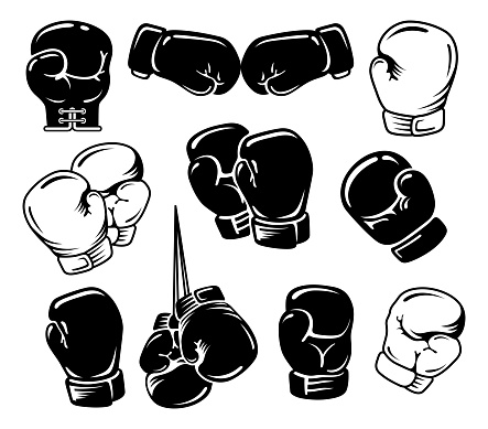 Boxing gloves fighting sport accessories black and white equipment icon set vector flat illustration. Athletic fighter clothes tools hanging hitting game championship tournament box exercise practice