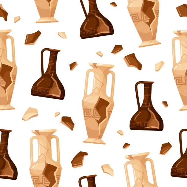 Vector illustration of Broken antique vase vessel ceramic crockery pot seamless pattern design template isometric vector