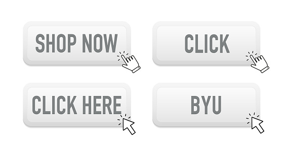 Click here web buttons. Set of action button, hand cursor and arrow pointing click link buttons. Add to cart, shop now buttons. Web elements. Button for UI UX, website. Vector illustration