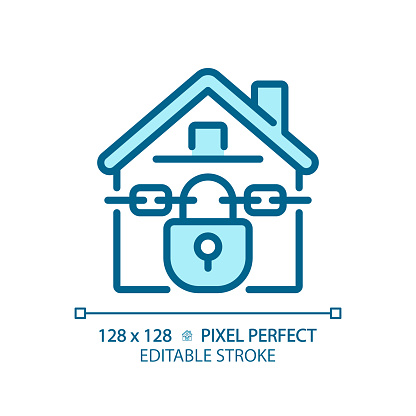 2D pixel perfect editable blue foreclosed home icon, isolated monochromatic vector, thin line illustration representing economic crisis.