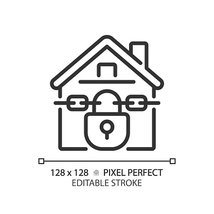 2D pixel perfect editable black foreclosed home icon, isolated simple vector, thin line illustration representing economic crisis.