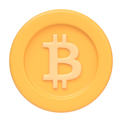 Bitcoin token isolated on white background. 3D icon, sign and symbol. Cartoon minimal style. Front view. 3D Render Illustration