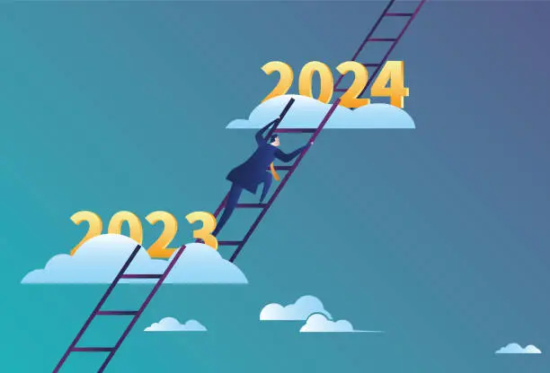 Vector illustration of Business man climbs the ladder from 2023 to 2024