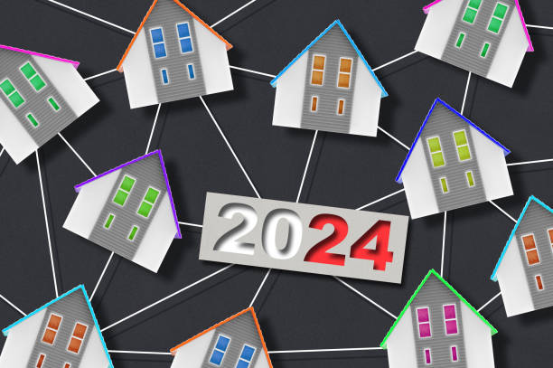 illustrazioni stock, clip art, cartoni animati e icone di tendenza di 2024 concetto abitativo dell'attività edilizia e dell'industria delle costruzioni - 2024 concetto di sviluppo dell'associazione dei proprietari immobiliari e immobiliari con modelli di case residenziali - housing development organized group house real estate