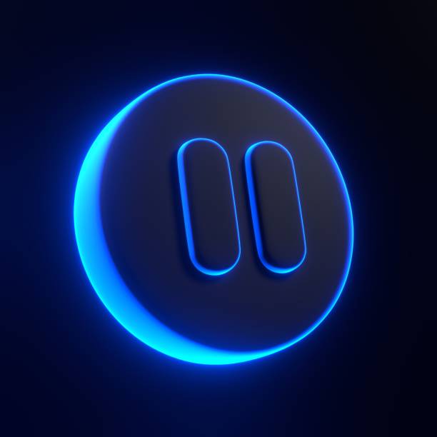 Round pause button with bright glowing futuristic blue neon lights on black background. 3D icon, sign and symbol. Cartoon minimal style. 3D render illustration