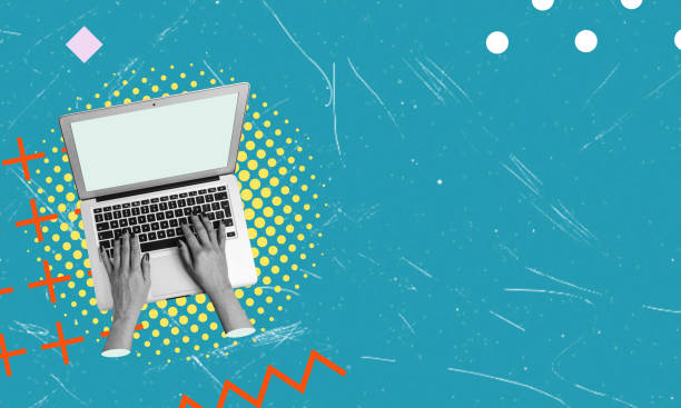 istock Art collage, hands work on laptop, blue background with space for text. 1847332610