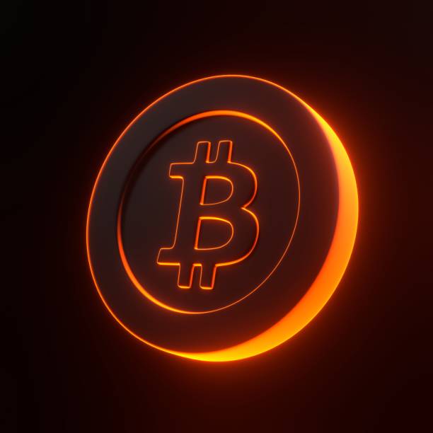 Bitcoin token with bright glowing futuristic orange neon lights on black background