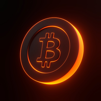 Bitcoin token with bright glowing futuristic orange neon lights on black background. 3D icon, sign and symbol. Cartoon minimal style. 3D render illustration