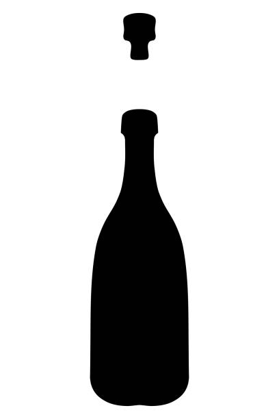 Champagne in a bottle. Silhouette. The cork flew out of a glass container with sparkling wine. Champagne in a bottle. Silhouette. The cork flew out of a glass container with sparkling wine. Vector illustration. Isolated background. Idea for web design. champagne-glass-shadow stock illustrations