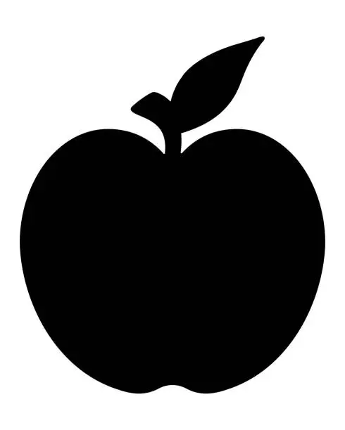 Vector illustration of An apple with a leaf. Silhouette. Black fruit. Juicy apple fruit. Fruit harvest. Sweet pulp.