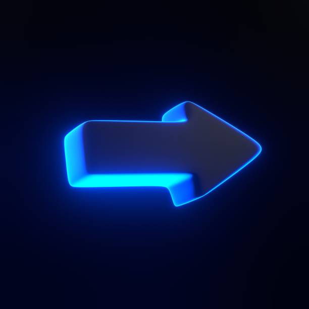 Arrow icon with bright glowing futuristic blue neon lights on black background. 3D icon, sign and symbol. Cartoon minimal style. 3D render illustration