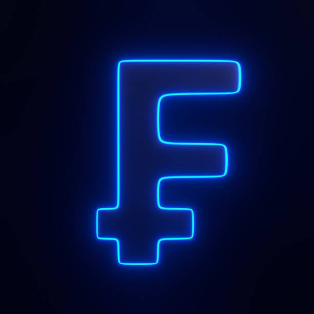Franc sign with bright glowing futuristic blue neon lights on black background