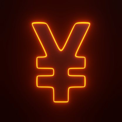 Yen sign with bright glowing futuristic orange neon lights on black background. 3D icon, sign and symbol. Front view. 3D render illustration