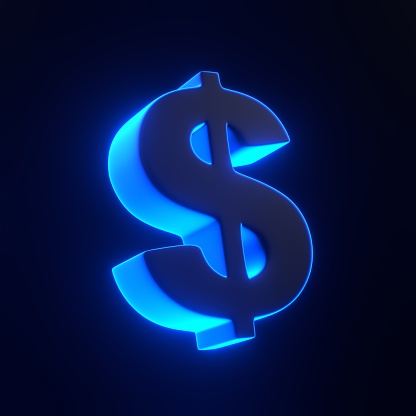 Dollar sign with bright glowing futuristic blue neon lights on black background. 3D icon, sign and symbol. Cartoon minimal style. 3D render illustration