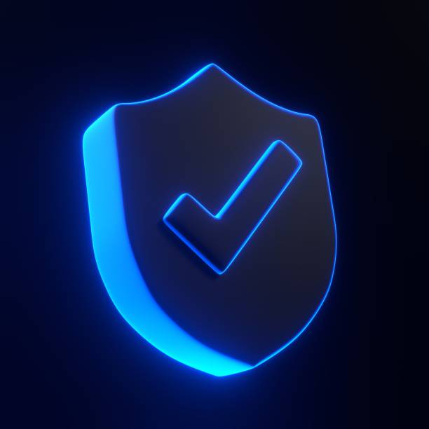 istock Outline Shield Shape with Tick Symbol with bright glowing futuristic blue neon lights on black background 1847342626