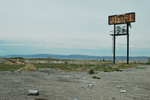 A sign that says diesel and has been vandalized is the only reminder that a truck stop once stood out here in the Utah desert near Interstate 80.
