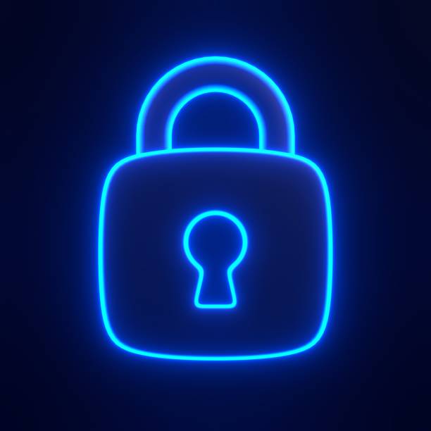 istock Locked padlock with bright glowing futuristic blue neon lights on black background 1847343726