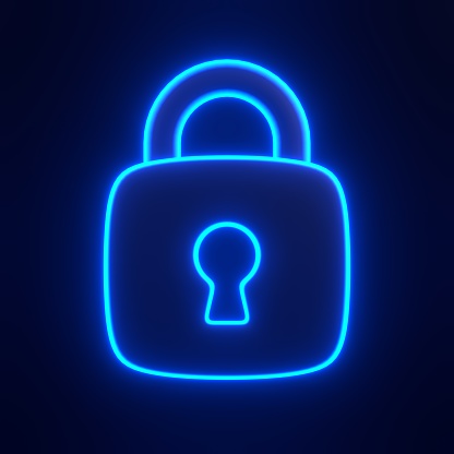 Locked padlock with bright glowing futuristic blue neon lights on black background. 3D icon, sign and symbol. Front view. 3D render illustration