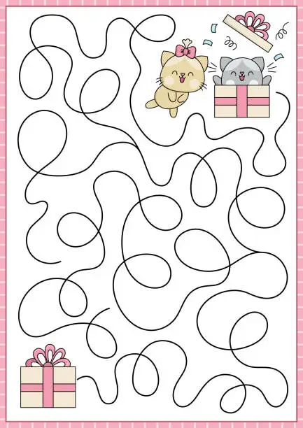 Vector illustration of Saint Valentine maze for kids. Love holiday preschool printable activity with kawaii cats and present. Labyrinth game or puzzle with cute boy and girl kittens and surprise gift
