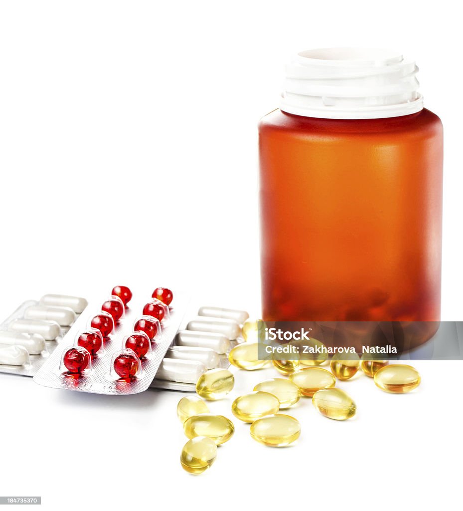 Remédios prescritos spilling do Frasco de Comprimidos com Cartela de comprimidos - Foto de stock de Aberto royalty-free