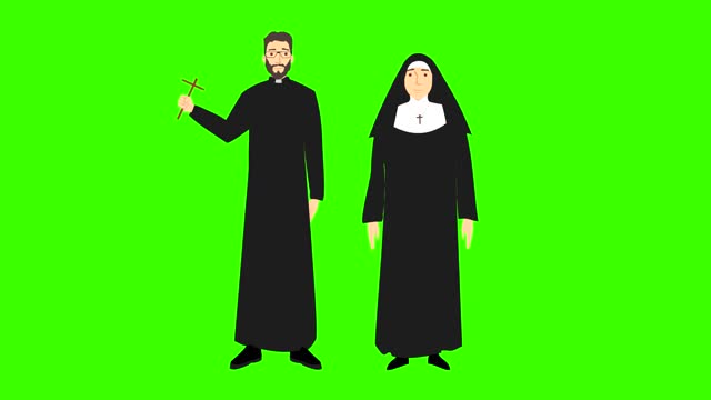 Animation of a priest and a nun together on green background, religion, faith, catholic church.