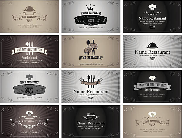 Old Movies set of business cards on the theme of food and drinks in style Black and white film chef borders stock illustrations