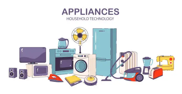 Vector illustration of Household and kitchen appliances set. Banner with electrical devices. Flat vector illustration