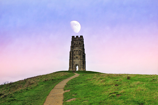 Glastonbury Tor, St Michael`s Tower at sunset, a place of power - England
