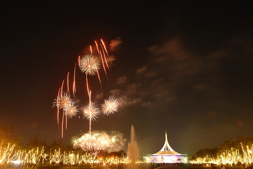 celebration fireworks and lighting at Suan Luang Rama 9 public park in Thailand on night