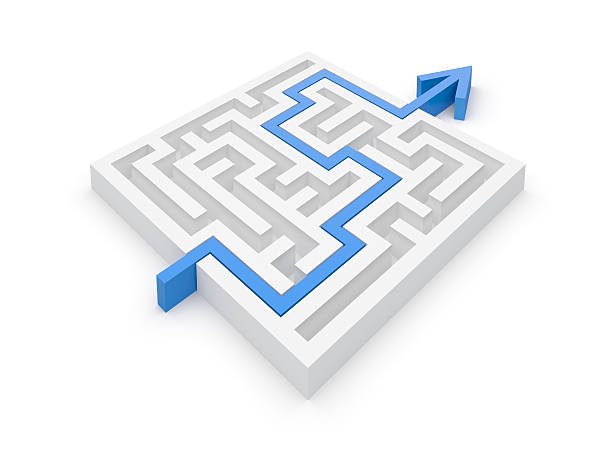 Maze Solution Maze Sovled by Blue Arrow Isolated On White Background maze road street confusion stock pictures, royalty-free photos & images