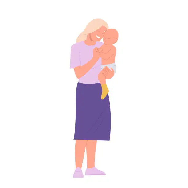 Vector illustration of Happy mother cuddling with little healthy toddler child holding on hand with tenderness and love