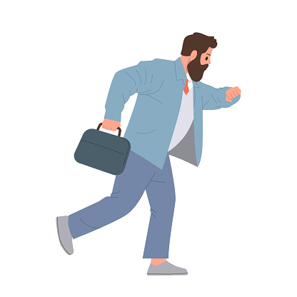 Businessman in formal suit feeling stressed carrying briefcase being late looking at wristwatch rushing to work or business meeting vector illustration. Time management failure, deadline concept