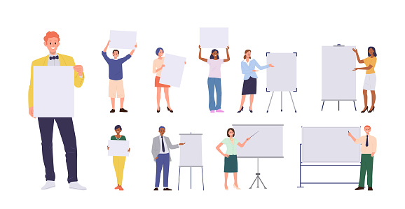 Diverse people cartoon characters presenter set with man and woman standing at board, holding placard showing and pointing at empty copy space vector illustration. Coaching, mentoring, teaching
