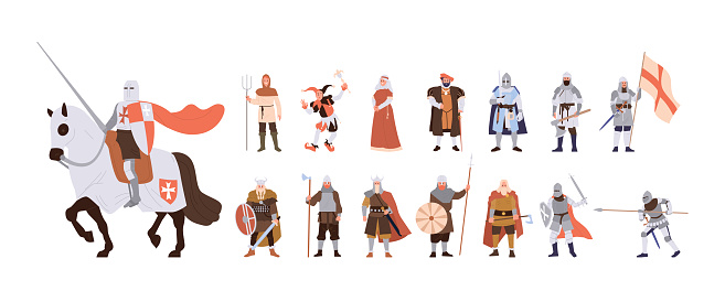Medieval people historic cartoon characters set. Knights, peasant, jester, nun, warrior, rich lord nobleman, headsman in traditional clothes vector illustration. Fairytale and history legend heroes