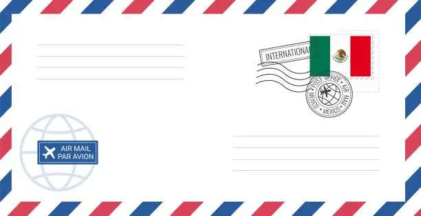 Vector illustration of Blank air mail envelope with Mexico postage stamp. Postcard vector illustration with Mexican national flag isolated on white background.